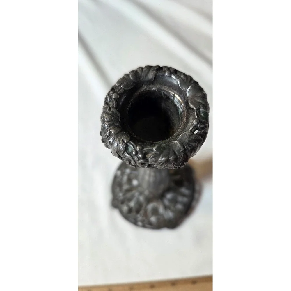 Antique Art Nouveau Grape Vine Candlestick Pewter Pierced Base 9